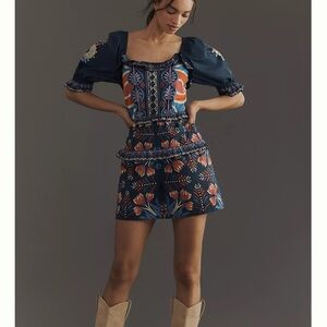 FARM Rio Navy Multicolor Paisley Ruffle-Neck Blouse